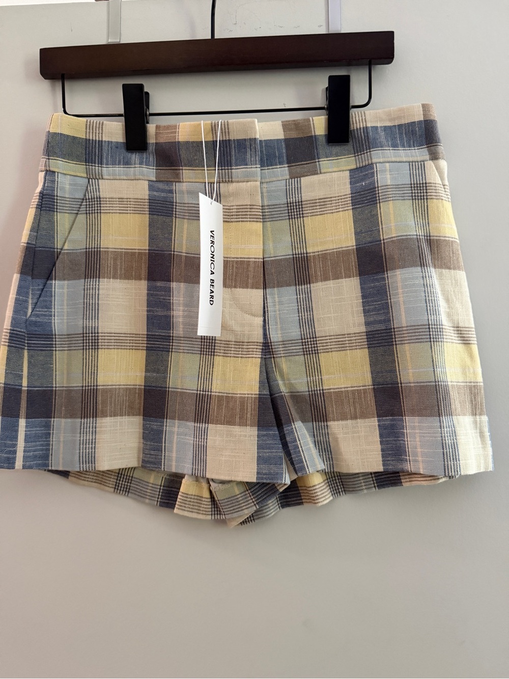 Veronica Beard Plaid Tailored Shorts in Yellow, Blue and Tan